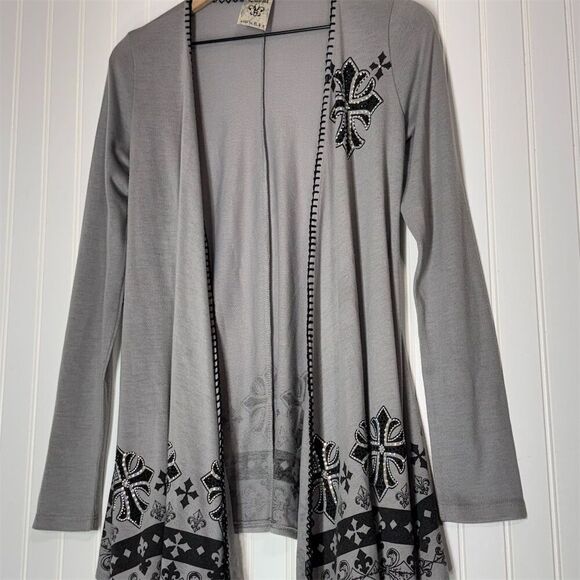 Vocal Gray Embellished Cross Cardigan L – Rhinestones, Gothic Western USA Made - Picture 2 of 8